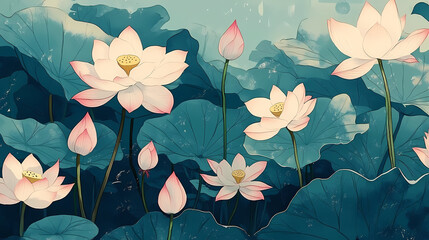 Hand-Drawn Lotus Flowers in Soft Colors