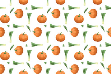Seamless pattern with drawn vegetables.Pumpkin, leek, parsley, arugula.Vegan and healthy food. Farm organic products. Vector background.