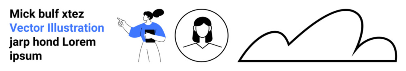 Woman pointing to a screen with clipboard, profile avatar, abstract cloud design. Ideal for teaching, data sharing, network, digital identity, creative work, communication simple landing page