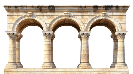 Image of a triple classical stone archway with intricate details.