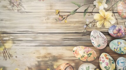 Fototapeta premium Rustic Easter setting background with handmade eggs, background easter eggs on an antique wooden table decorated with elegant faded ornaments and floral prints