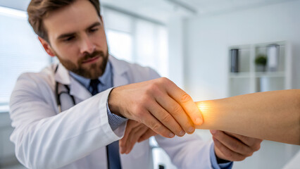 Obraz premium nerve stimulation therapy neurology electrotherapy pain relief A doctor examining a patient's arm with a focused expression in a bright medical setting.