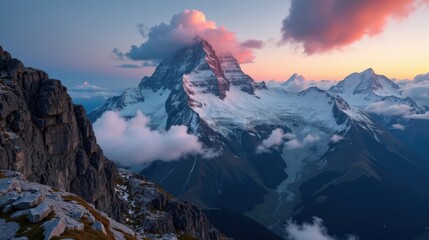 Aerial view of Eiger Mountain in Switzerland at dusk with overcast skies. Towering peaks emerge from thick clouds, bathed in moody twilight. A high-quality, professional landscape photo.