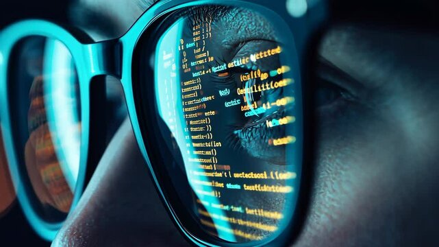 Close up of programmer person face focuses on glasses, reflecting vibrant code, digital data. Programming technology. Neon blue light, futuristic atmosphere. Tech developer, creator. Modern world.