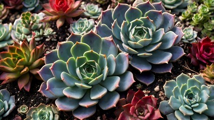 Vibrant close-up of a colorful succulent garden with intricate patterns and rich textures