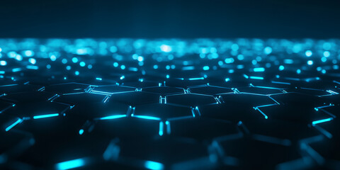 Fototapeta premium A high-tech 3D background showcasing an abstract digital landscape composed of glowing hexagonal tiles forming an endless grid. The deep blue and cyan color scheme evokes themes of data networks and