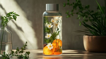 A minimalist concept featuring natural ingredients like herbs, flowers, and fruits nestled within a sleek, eco-friendly bottle, evoking a sense of purity and wellness.