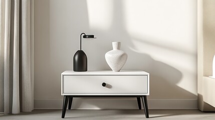 A bedside table with a clean white lacquered surface and a single drawer, styled with a sleek black table lamp