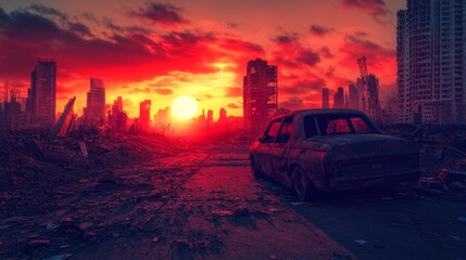 Cityscape ruins against fiery sunset, conveys desolation and resilience after conflict