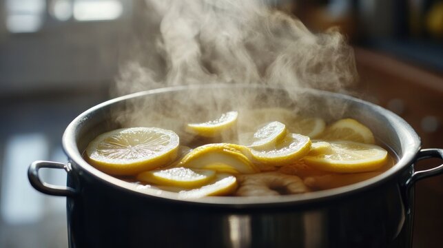 Invigorating lemon infusion: Aromatic steam rising from a pot of homemade elixir