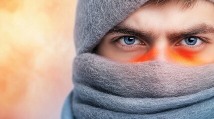 Fototapeta premium A sick man wrapped in a scarf, his face partially overlaid with a heat-sensing thermal image showing high fever areas in bright red and orange