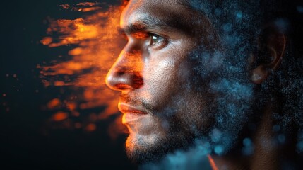 A contemplative man with a strong profile is surrounded by an abstract explosion of colors, capturing the essence of human emotion and the complexity of inner thoughts.