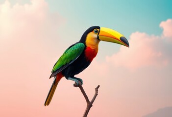 Fototapeta premium A Vibrant Toucan Perched on a Branch Against a Pastel Sky at Sunset