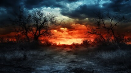 Fototapeta premium Eerie Landscape with Silhouette Trees and Vivid Sunset or Sunrise Atmosphere