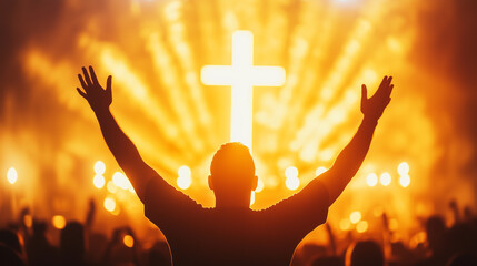 A figure in worship before a glowing cross