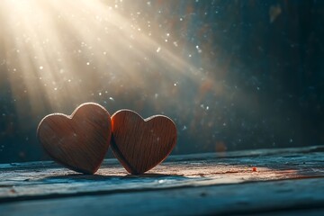 Fototapeta premium Two Wooden Hearts On Rustic Table With Sunlight