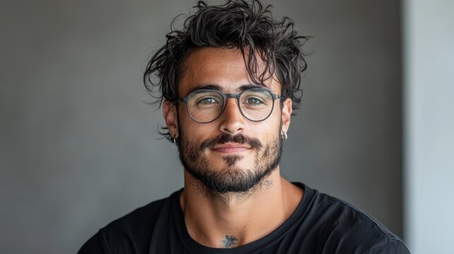 A close-up portrait of a stylish man with tousled hair and glasses, showcasing a confident and approachable demeanor in a modern indoor setting with neutral tones.