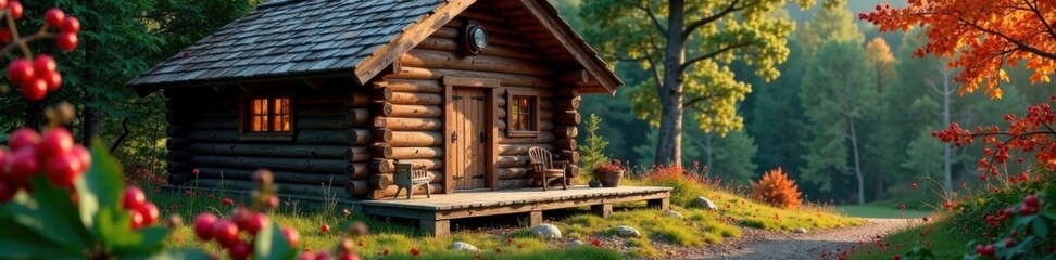 Rustic wooden log cabin with evergreen branches and berries, Christmas evergreen branches and berries over rustic wood, forest cabin