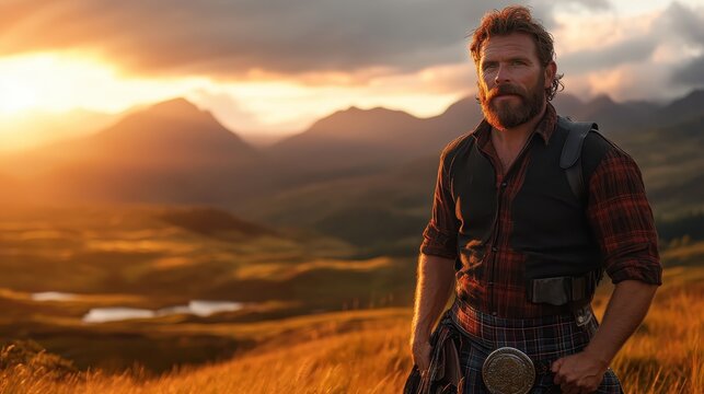A bold man in traditional Scottish attire stands confidently against a breathtaking sunset, embodying the spirit of adventure and pride in a picturesque natural setting.