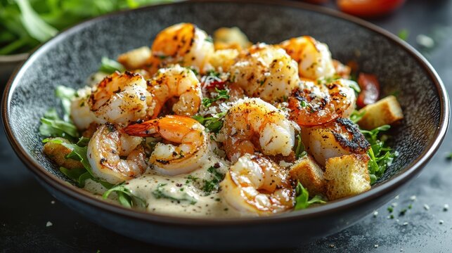 A vibrant symphony of textures and flavors, featuring succulent shrimp nestled within a creamy Caesar dressing, topped with crispy croutons and a sprinkle of Parmesan cheese.