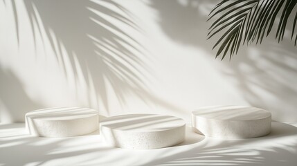 Abstract white background with the shadows of palm leaves on the wall and three podiums for product presentation.