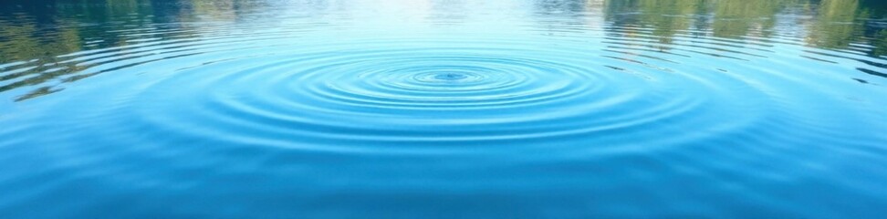 Serene lake surface reflected in a clear blue sky with circular waves, serene lake, reflection