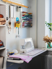 Cozy sewing workshop filled with professional equipment, fabrics, and creative tools. Well-organized space provides perfect environment for tailoring and custom clothing production.