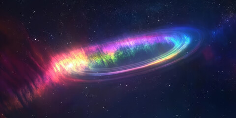 Obraz premium A cosmic 3D background depicting a ringed gas giant with a colorful aurora dancing in its upper atmosphere. The space scene creates an ethereal, awe-inspiring effect perfect for sci-fi and