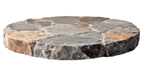 Round stone tabletop made from a mix of grey and brown natural stones.