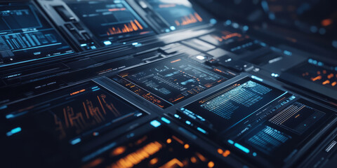 Obraz premium A sci-fi inspired 3D background of a sleek, robotic control center filled with complex data screens and glowing holographic displays. The metallic environment is illuminated by soft blue and white LED