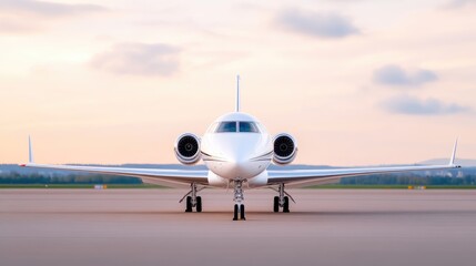 Naklejka premium Private jet on tarmac at sunrise