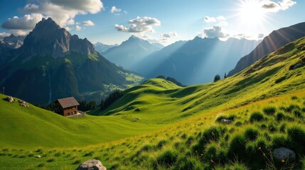 Fototapeta premium Aerial view of Appenzell, Switzerland, on a sunny midday. The lush alpine landscape stretches under a bright blue sky, revealing picturesque hills and meadows.