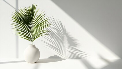 Abstract modern interior with a palm leaf in a vase on a white table, featuring , and a sunlight shadow effect.