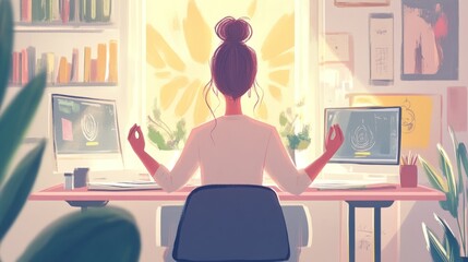 Calm amidst chaos: a woman finding mindful balance in a bright home office