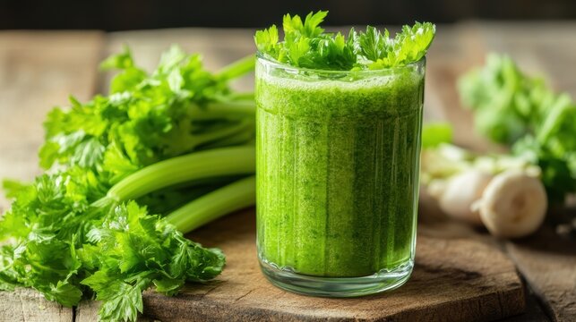 A vibrant emerald elixir of fresh green celery, its crisp leaves and earthy flavor offering a refreshing and nutritious boost to the body.