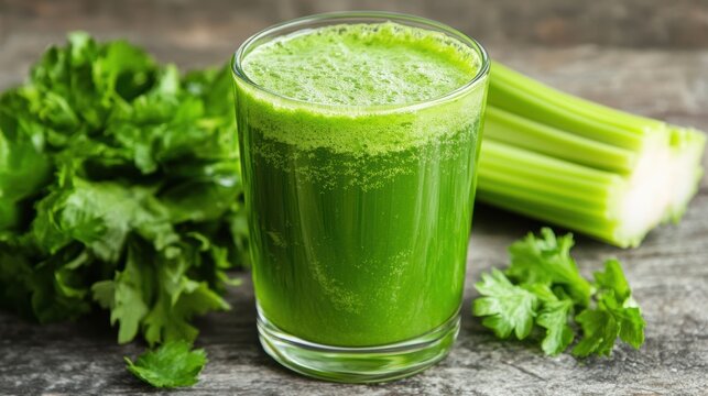 A vibrant emerald elixir of fresh green celery, its crisp leaves and earthy flavor offering a refreshing and nutritious boost to the body.