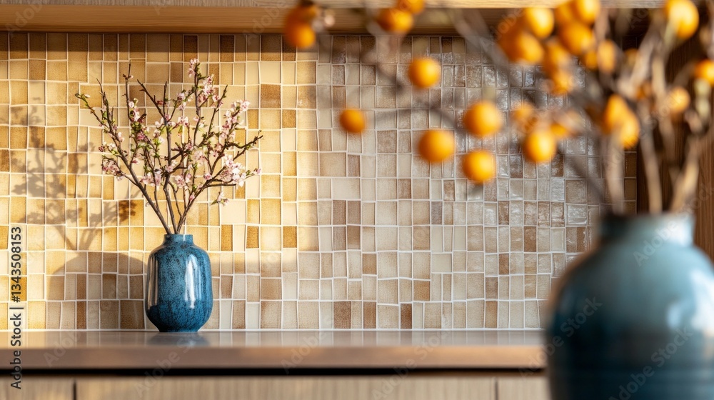 Aufkleber textured tiles form a warm backdrop for two elegant vases, one filled with delicate cherry blossoms 