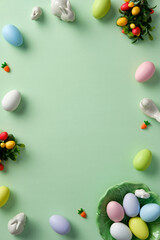 Happy Easter vertical banner design. Top view frame of pastel colored Easter eggs, ceramic bunnies, decorations on green background