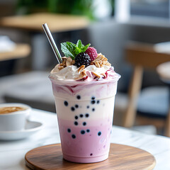Refreshing berry boba drink topped with whipped cream and almonds