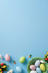 Happy Easter concept. Flat lay composition with pastel colored Easter eggs, bunnies, decorations on blue background.