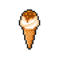 Fototapeta premium Pixel vanilla ice cream cone isolated on transparent background. Pixelated badge, game asset or computer arcade item. Crisp waffle cone icon. Vector pixel art illustration in 16 bit old style.
