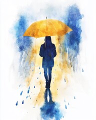 Resilient person walking in rain with yellow umbrella 