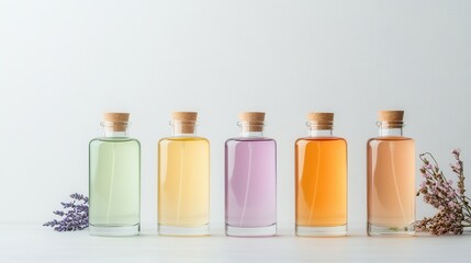 A collection of elegantly designed essential oil bottles, filled with vibrant colors and accompanied by delicate flowers, showcasing beauty and the essence of aromatherapy.