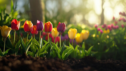 Vibrant spring tulip flowers in a sunlit garden
