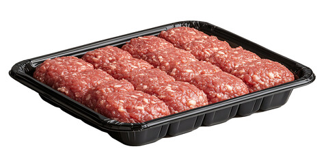 Ten raw meatballs in a black plastic tray,