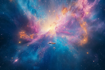 Obraz premium A cosmic 3D background of an expansive intergalactic nebula swirling with vibrant shades of blue, pink, and gold. Distant stars twinkle against the backdrop of cosmic dust, and a solitary spaceship