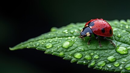 Fototapeta premium A vibrant ladybug resting on a lush green leaf, surrounded by sparkling water droplets, epitomizing the beauty of nature and wildlife.