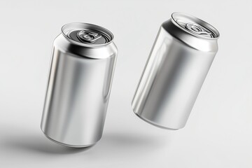 Aluminum soda can mockup with multiple cans arranged on white background for branding, packaging, and product presentation design