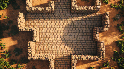 Aerial View of Ancient Stone Ruins in Desert