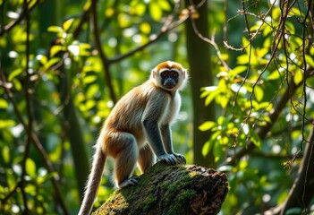 A small primate perched atop a mossy log, sunlight filtering through the lush green canopy